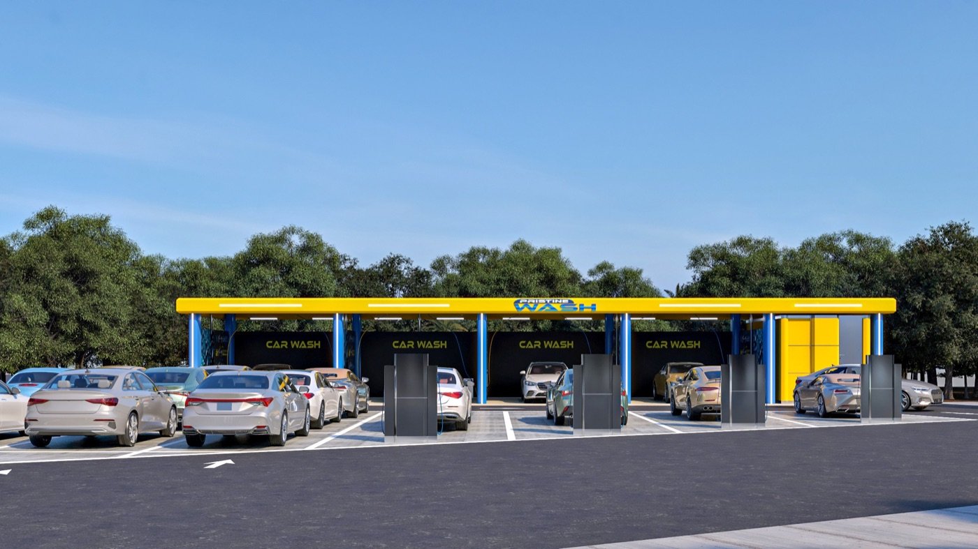 Pristine Wash multi-bay self-service car wash integrated into a commercial site